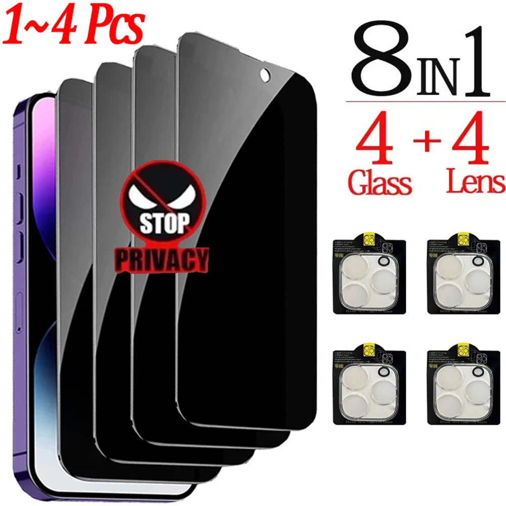 🔒 1~4PCS Anti-Spy Privacy Glass + Camera Lens Protector 📱 For iPhone 16/15/14/13/12/11 Pro Max | Full Screen Security ⏳