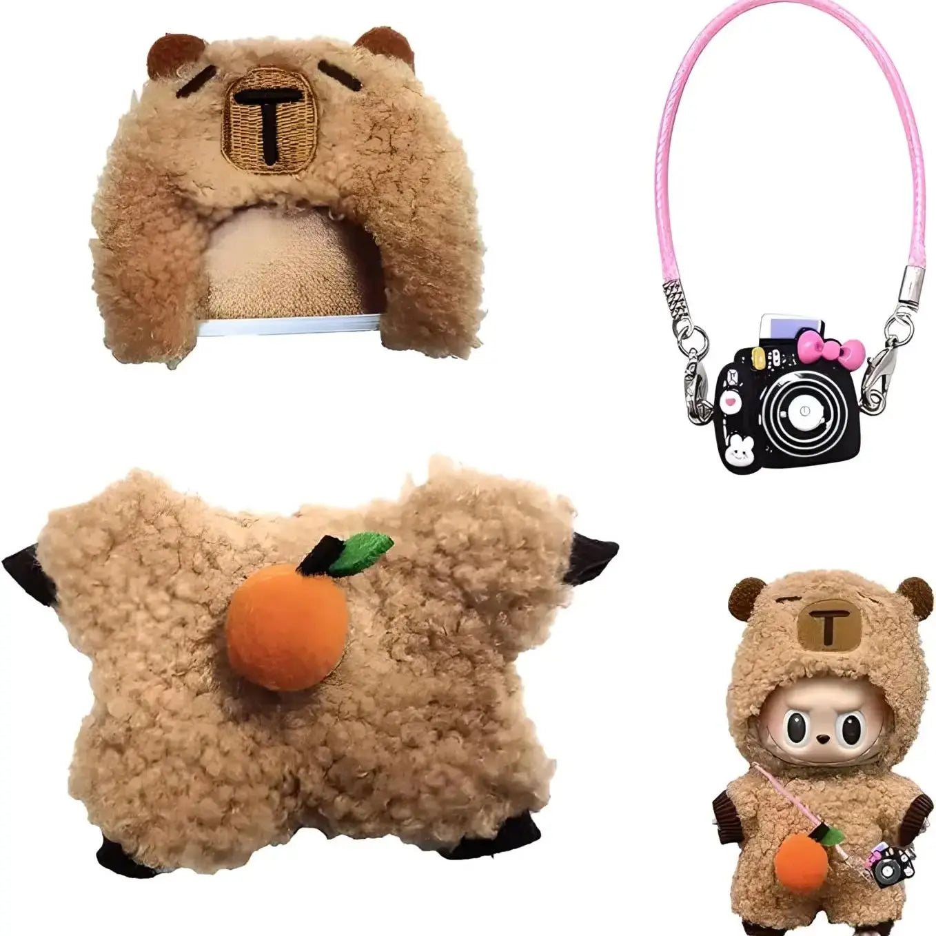 🔥 Limited Edition 17CM Labubu & Capybara Doll Clothes Set – 3PCS Kawaii Jumpsuit + Headwear + Mini Camera | Plush Cotton Outfit for Display & Dress-Up