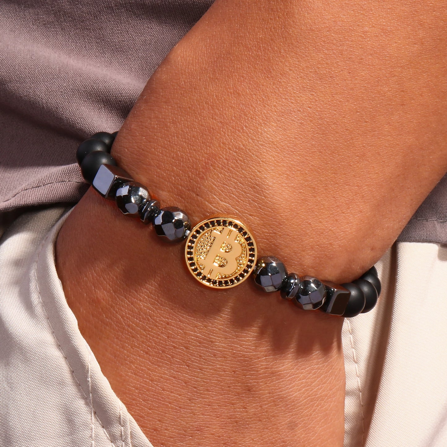 💎 Fashion Luxury Bitcoin Bracelet 🔥 Black Stone Men’s Jewelry | Crypto-Inspired Pulsera Hombre ⏳