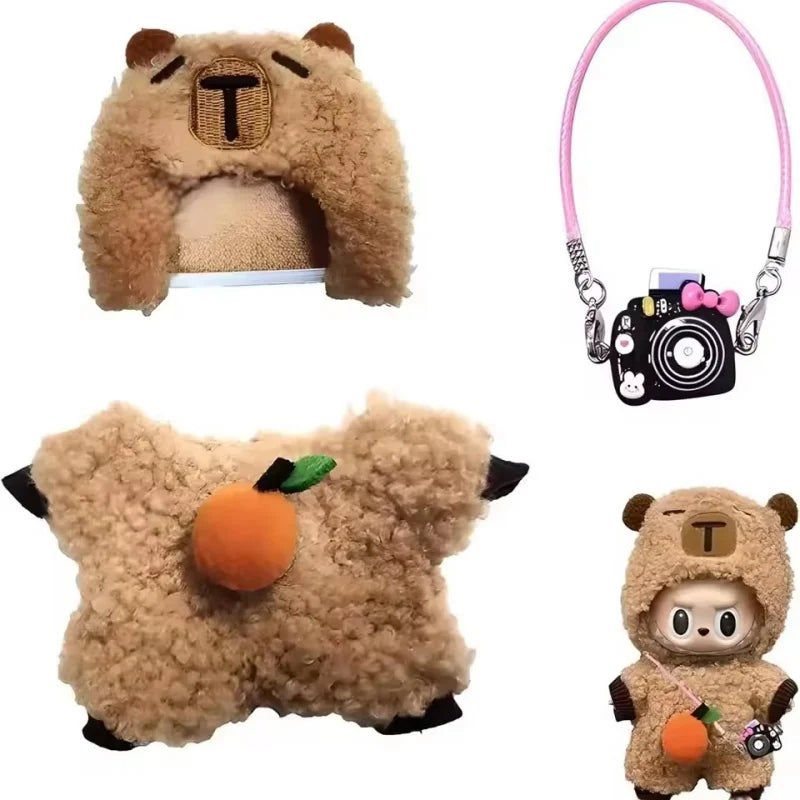 🔥 Limited Edition 17CM Labubu & Capybara Doll Clothes Set – 3PCS Kawaii Jumpsuit + Headwear + Mini Camera | Plush Cotton Outfit for Display & Dress-Up