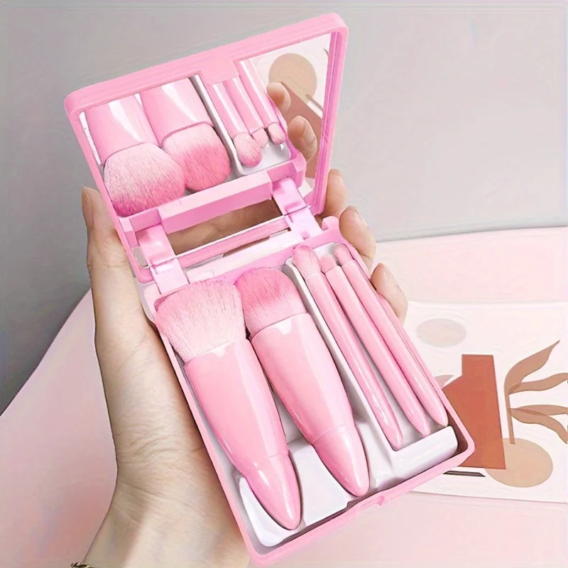 5Pcs Portable Makeup Brush Set With Mirror - Foldable Travel Kit ,Mini Makeup Brush Set Travel Makeup Brush Set