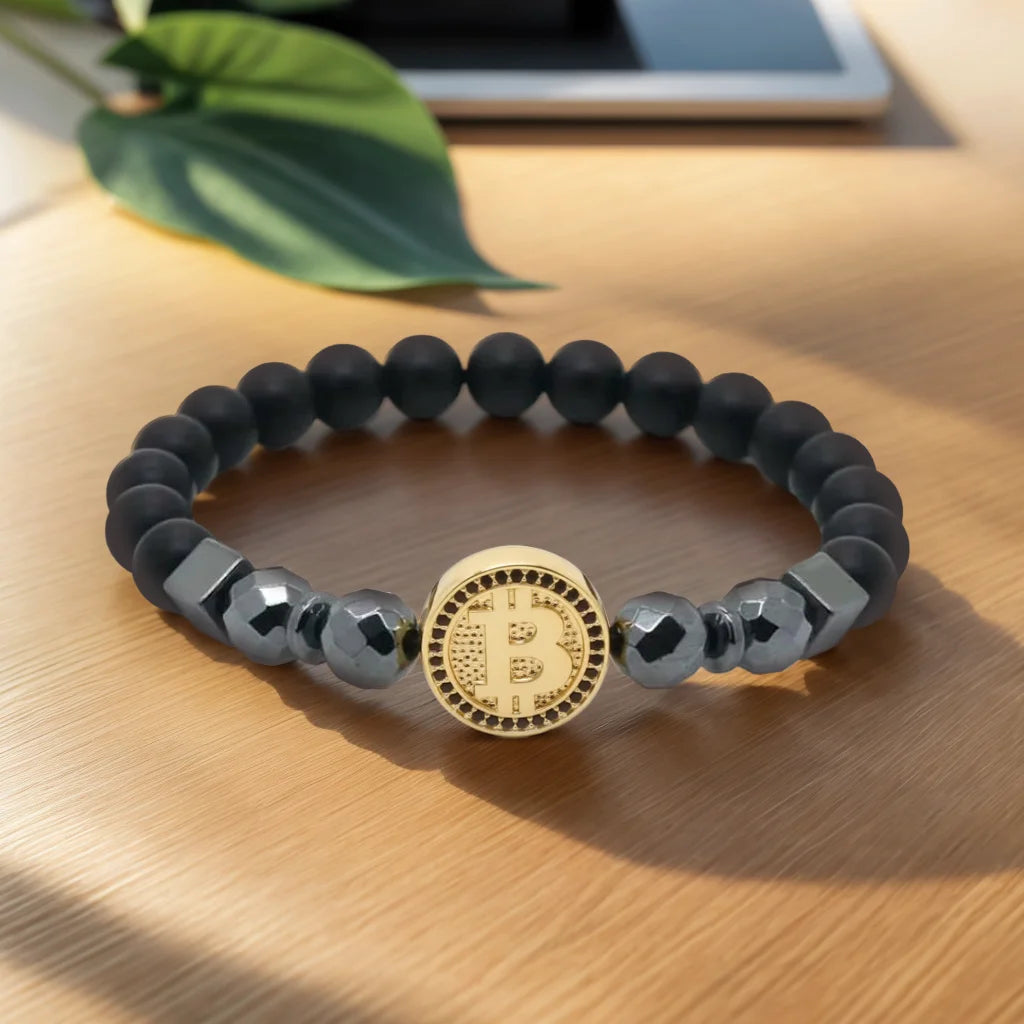 💎 Fashion Luxury Bitcoin Bracelet 🔥 Black Stone Men’s Jewelry | Crypto-Inspired Pulsera Hombre ⏳