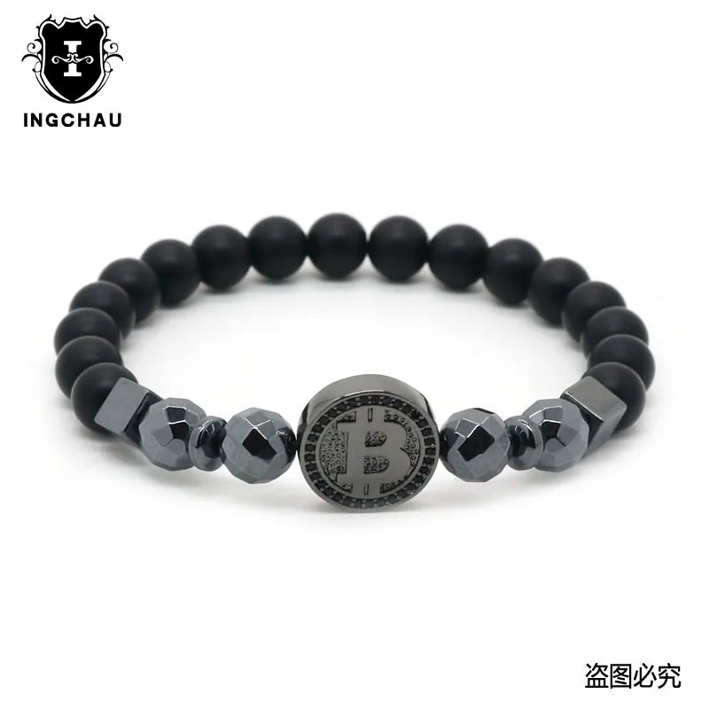 💎 Fashion Luxury Bitcoin Bracelet 🔥 Black Stone Men’s Jewelry | Crypto-Inspired Pulsera Hombre ⏳