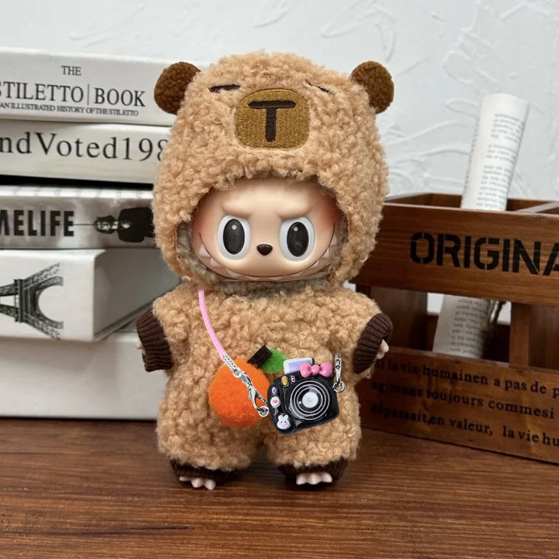 🔥 Limited Edition 17CM Labubu & Capybara Doll Clothes Set – 3PCS Kawaii Jumpsuit + Headwear + Mini Camera | Plush Cotton Outfit for Display & Dress-Up
