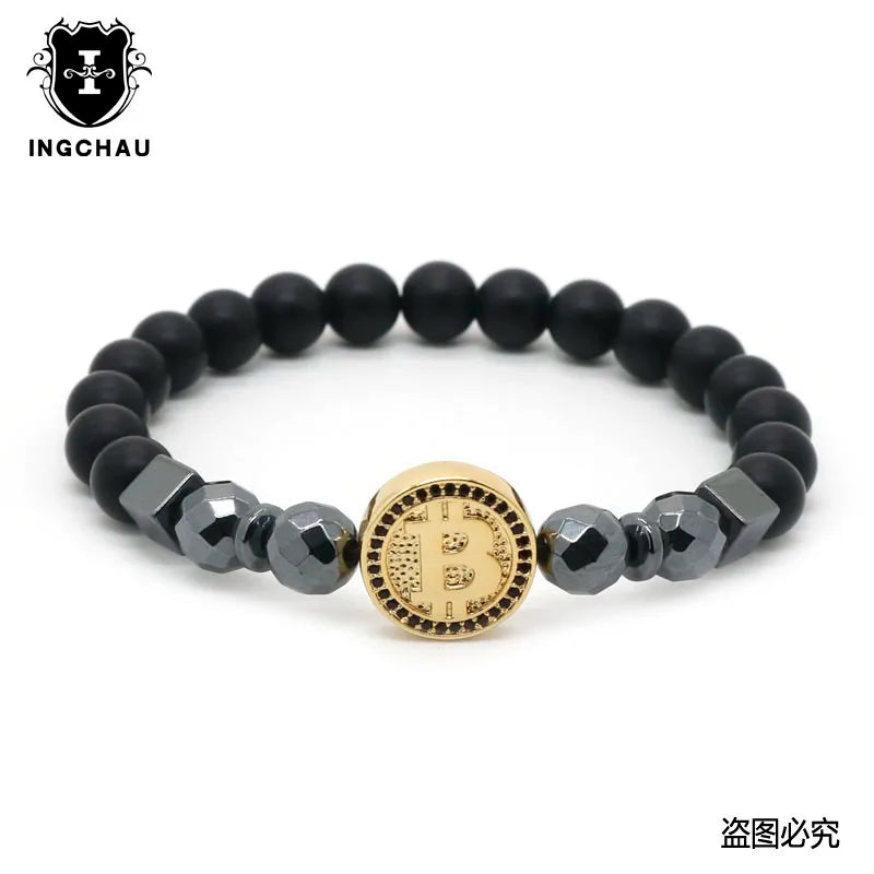 💎 Fashion Luxury Bitcoin Bracelet 🔥 Black Stone Men’s Jewelry | Crypto-Inspired Pulsera Hombre ⏳