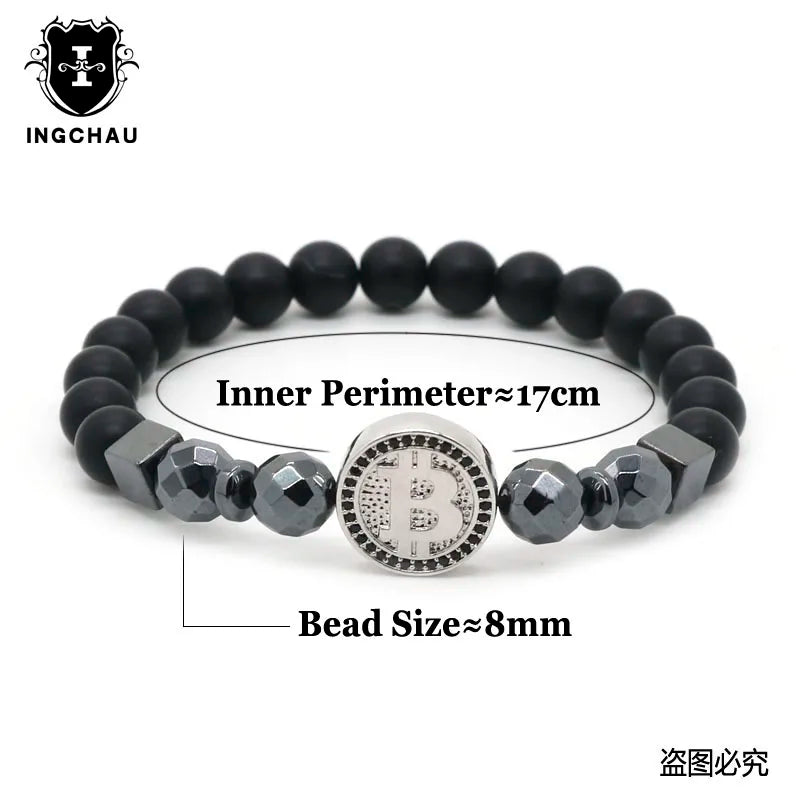 💎 Fashion Luxury Bitcoin Bracelet 🔥 Black Stone Men’s Jewelry | Crypto-Inspired Pulsera Hombre ⏳