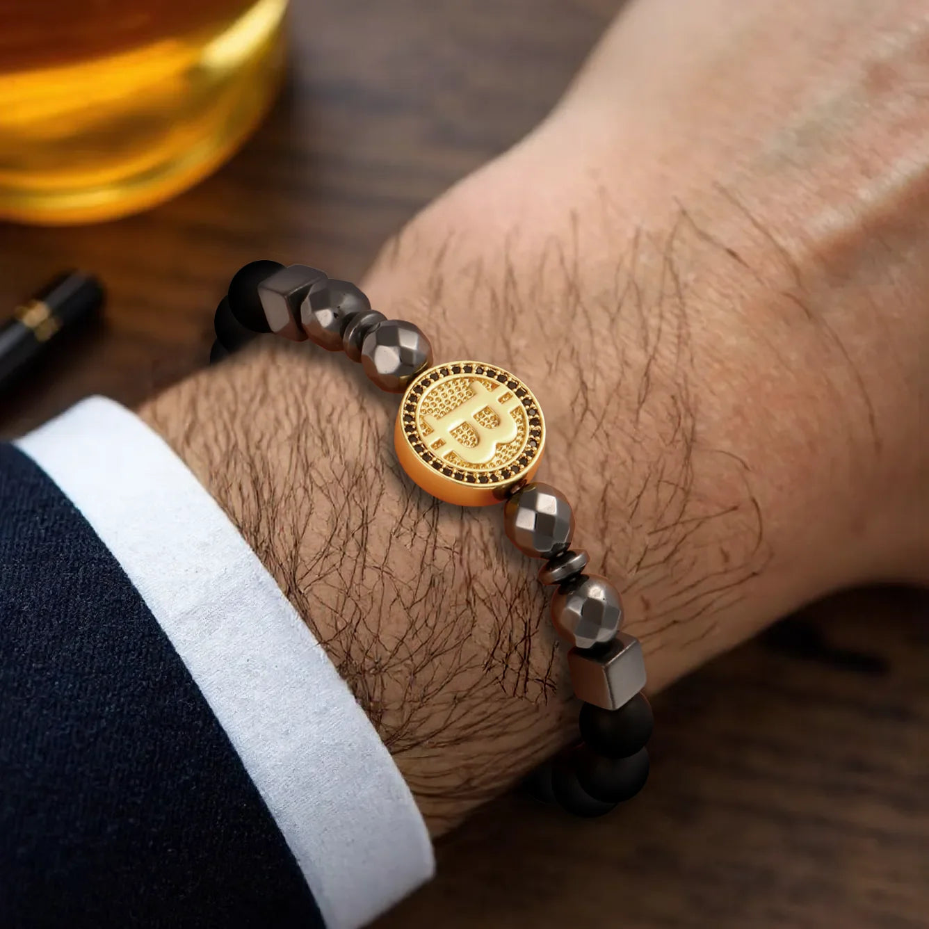 💎 Fashion Luxury Bitcoin Bracelet 🔥 Black Stone Men’s Jewelry | Crypto-Inspired Pulsera Hombre ⏳