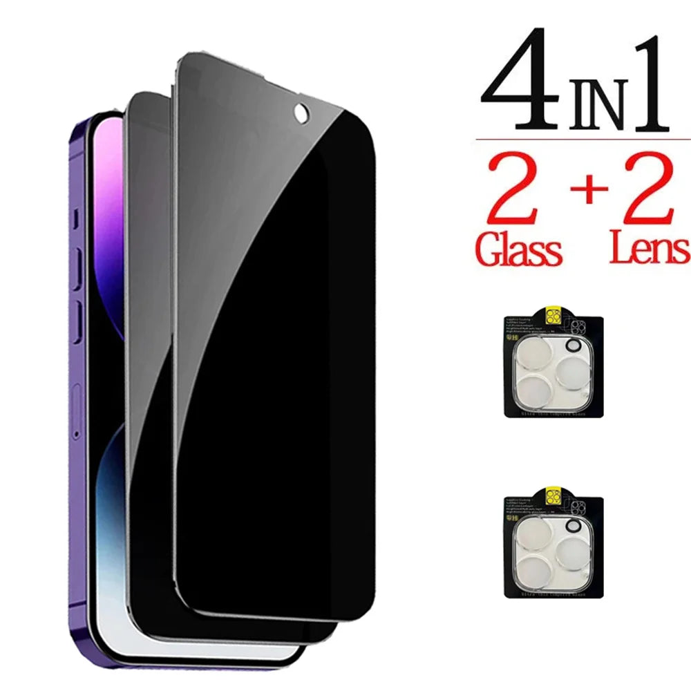 🔒 1~4PCS Anti-Spy Privacy Glass + Camera Lens Protector 📱 For iPhone 16/15/14/13/12/11 Pro Max | Full Screen Security ⏳