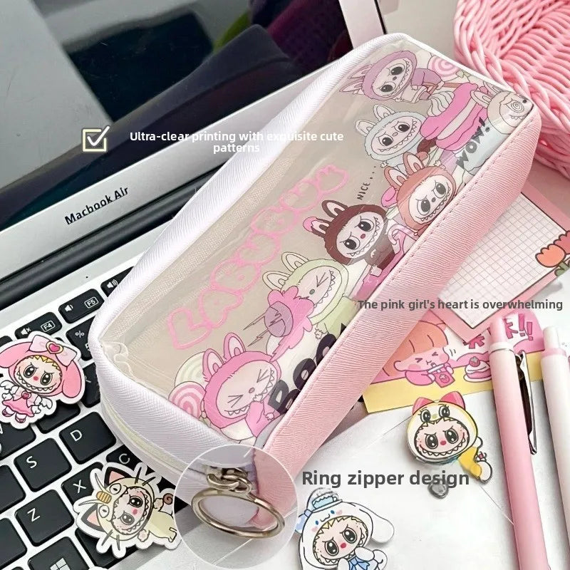 New Pencil Bag Transparent Cartoon Large Capacity Pencil Case Stationery Storage Bag School Supplies Starter's Gift