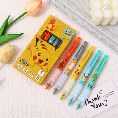 5pcs Pokemon Pen Set Pikachu Squirtle Charmander, Press Gel Pen Cute Anime School Office Supplies Stationery Gift for Kids