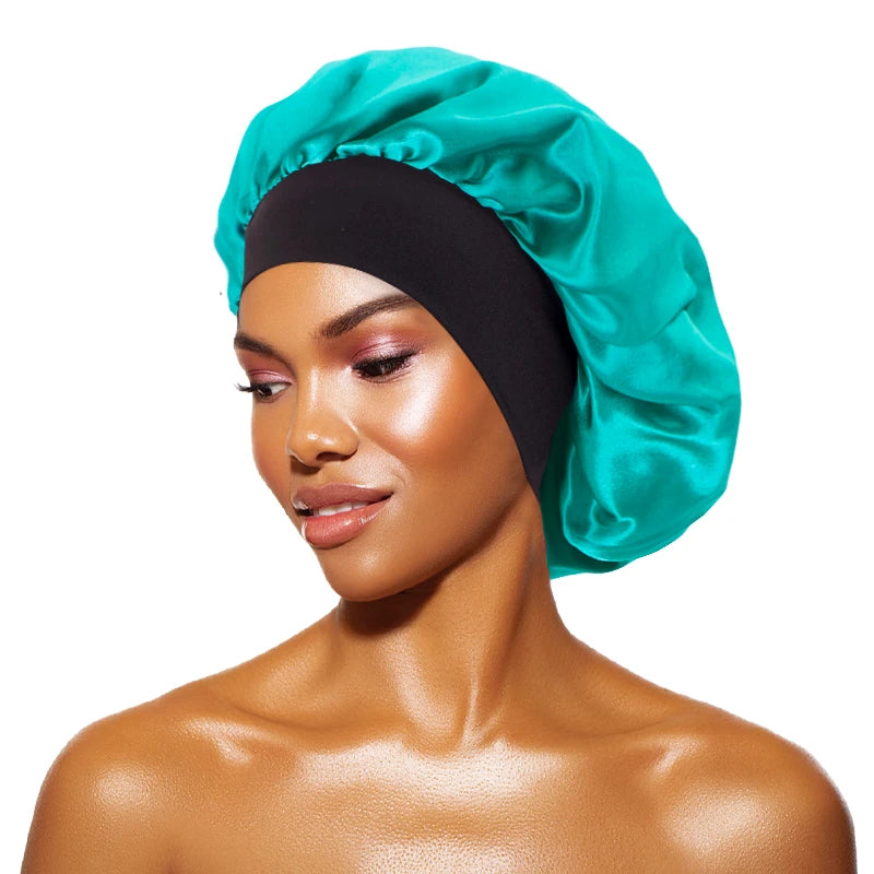 Women's Satin Solid Bonnets Wide-brimmed Night Sleeping Bathing Hat Unisex Head Wrap Elastic Band Cap Hair Care Bonnet