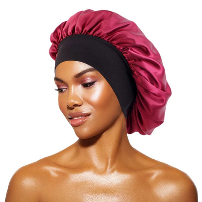 Women's Satin Solid Bonnets Wide-brimmed Night Sleeping Bathing Hat Unisex Head Wrap Elastic Band Cap Hair Care Bonnet