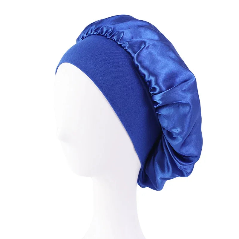 Women's Satin Solid Bonnets Wide-brimmed Night Sleeping Bathing Hat Unisex Head Wrap Elastic Band Cap Hair Care Bonnet