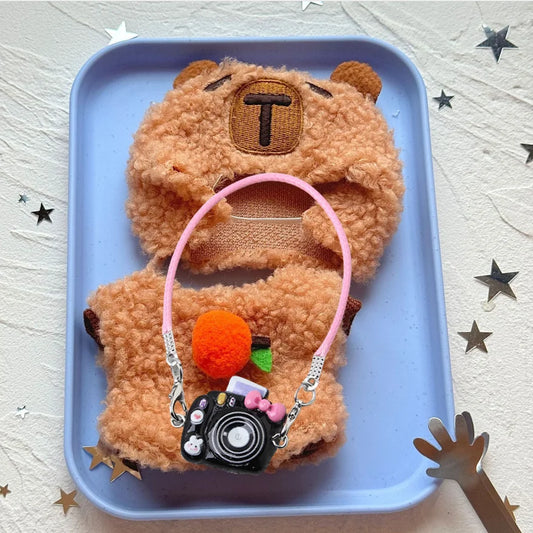 🔥 Limited Edition 17CM Labubu & Capybara Doll Clothes Set – 3PCS Kawaii Jumpsuit + Headwear + Mini Camera | Plush Cotton Outfit for Display & Dress-Up