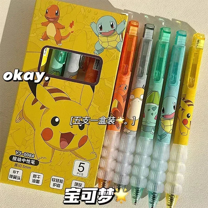 5pcs Pokemon Pen Set Pikachu Squirtle Charmander, Press Gel Pen Cute Anime School Office Supplies Stationery Gift for Kids