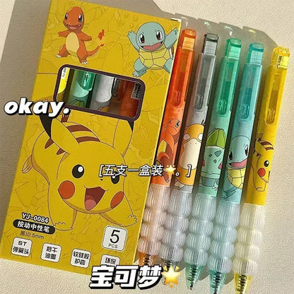 5pcs Pokemon Pen Set Pikachu Squirtle Charmander, Press Gel Pen Cute Anime School Office Supplies Stationery Gift for Kids