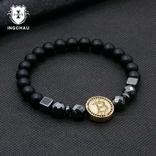 💎 Fashion Luxury Bitcoin Bracelet 🔥 Black Stone Men’s Jewelry | Crypto-Inspired Pulsera Hombre ⏳